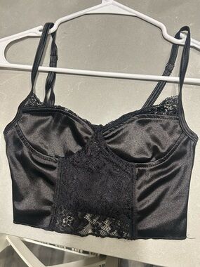 Motel Rocks Black Satin Lace Longline Crop Bralette
